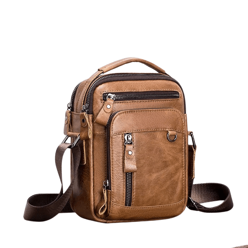 Bolso crossbody de piel genuina para hombre color café con múltiples compartimentos y correa ajustable.