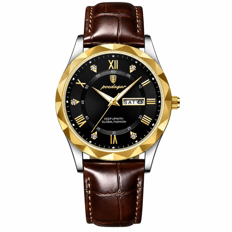Reloj Hombre Elegante Dorado con Correa de Cuero | Calendario y 30M Impermeable