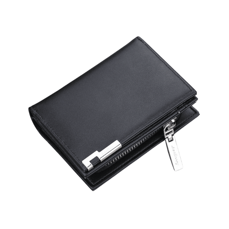 Cartera masculina de cuero negra con cierre metálico, elegante y moderna