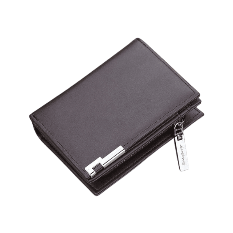 Cartera masculina de cuero color negro con cierre metálico, diseño moderno y elegante