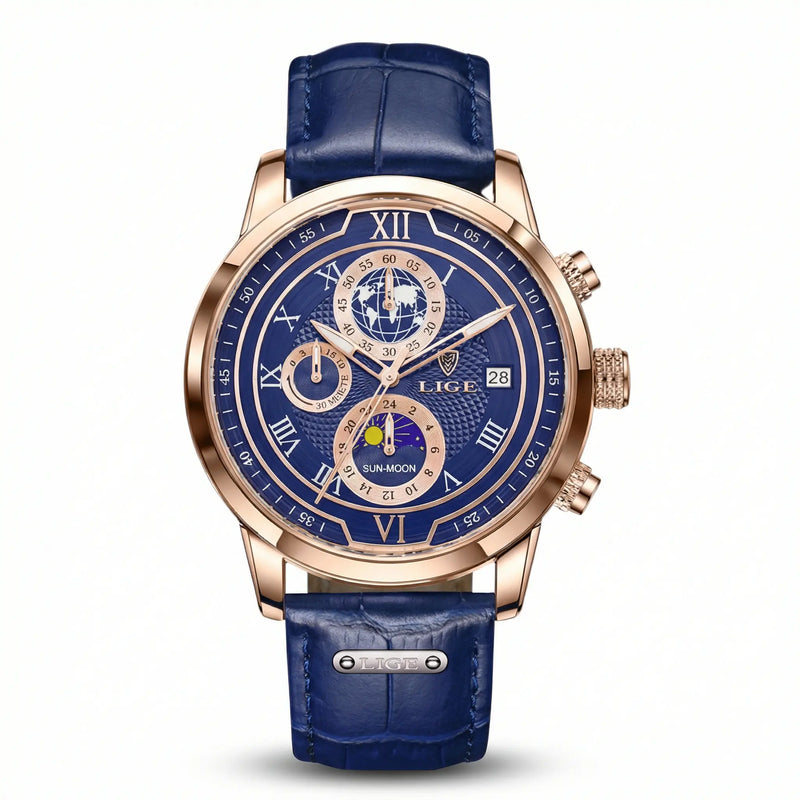 Reloj Ejecutivo Hombre Azul Rose Gold | Fase Lunar, Calendario y 30M