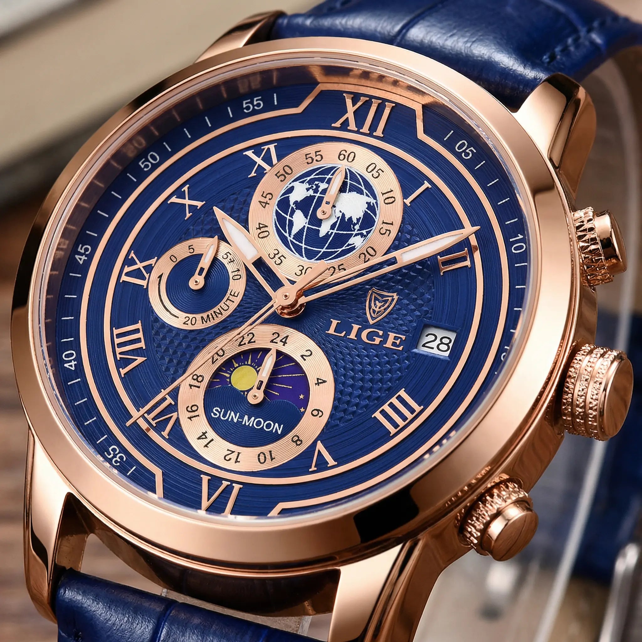 Reloj Ejecutivo Hombre Azul Rose Gold | Fase Lunar, Calendario y 30M