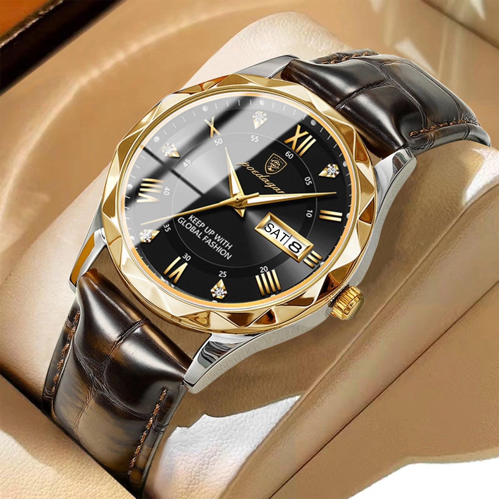 Reloj masculino de pulsera de cuero marrón con esfera negra y detalles dorados, estilo elegante.
